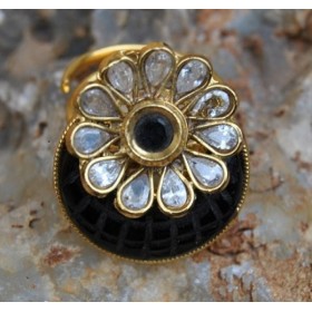 Flower Overlay Semi-precious Finger Ring with Black Stone